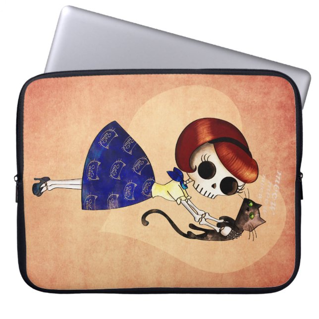 Skeleton Pin up Girl with her Cat Laptop Sleeve (Front)