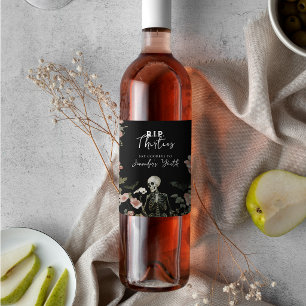 Skeleton Pink Floral RIP 40th Birthday Party Wine Label