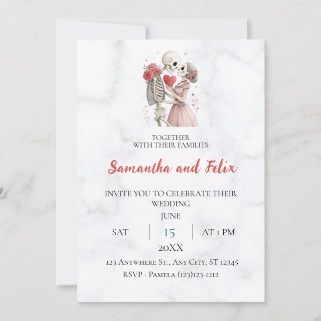 Skeleton Pink Heart Marble Wedding Invitation (Front)