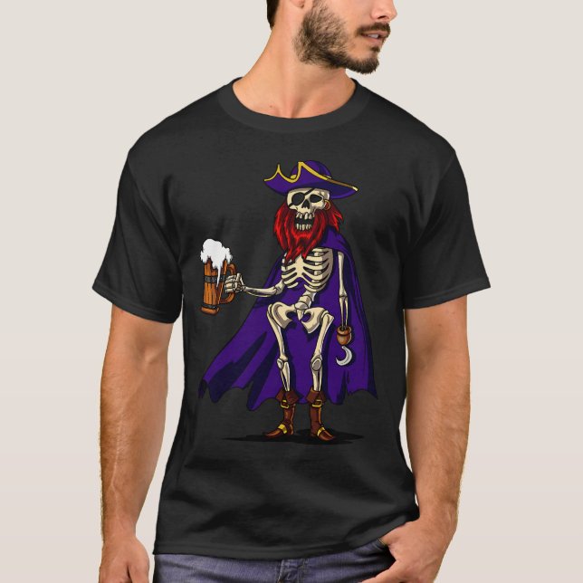 Skeleton Pirate Drinking Beer T-Shirt (Front)