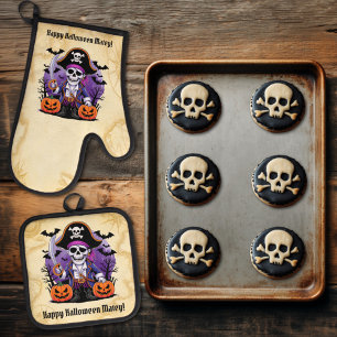 Skeleton Pirate Happy Halloween Matey Oven Mitt & Pot Holder Set
