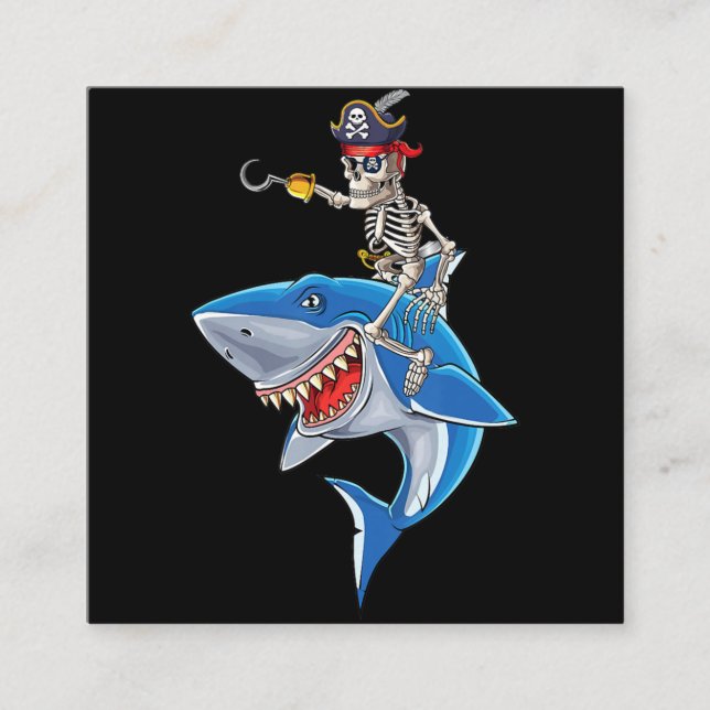 Skeleton Pirate Riding Shark Cute Boys Halloween Square Business Card (Front)
