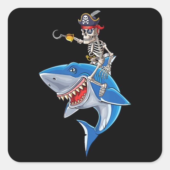 Skeleton Pirate Riding Shark Cute Boys Halloween Square Sticker (Front)