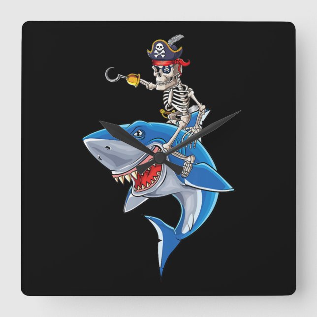 Skeleton Pirate Riding Shark Cute Boys Halloween Square Wall Clock (Front)
