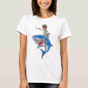 Skeleton Pirate Riding Shark Cute Boys Halloween T-Shirt