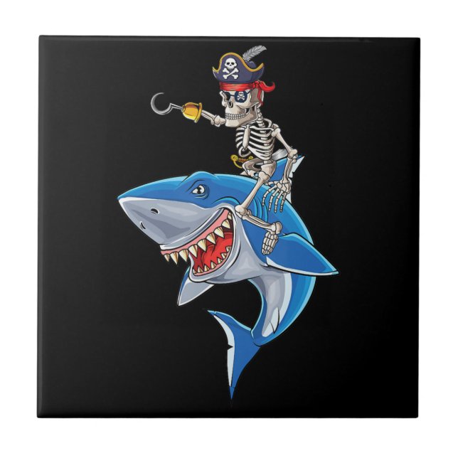 Skeleton Pirate Riding Shark Cute Boys Halloween Tile (Front)