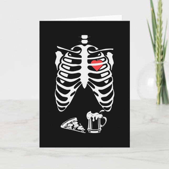 Skeleton Pizza Beer Funny Halloween Card (Front)
