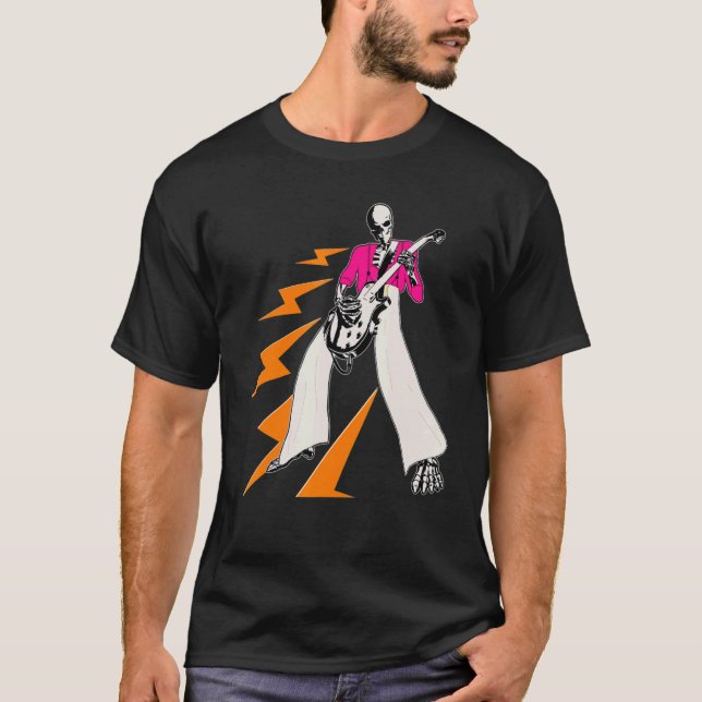 Skeleton Play Electric Guitar Halloween Style T-Shirt (Front)
