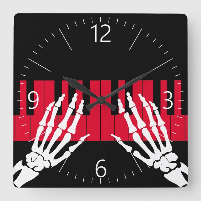 Skeleton play piano square wall clock (Front)