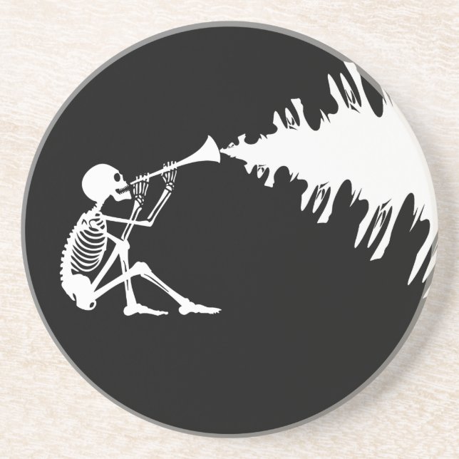 Skeleton Playing a Horn Making Music Coaster (Front)
