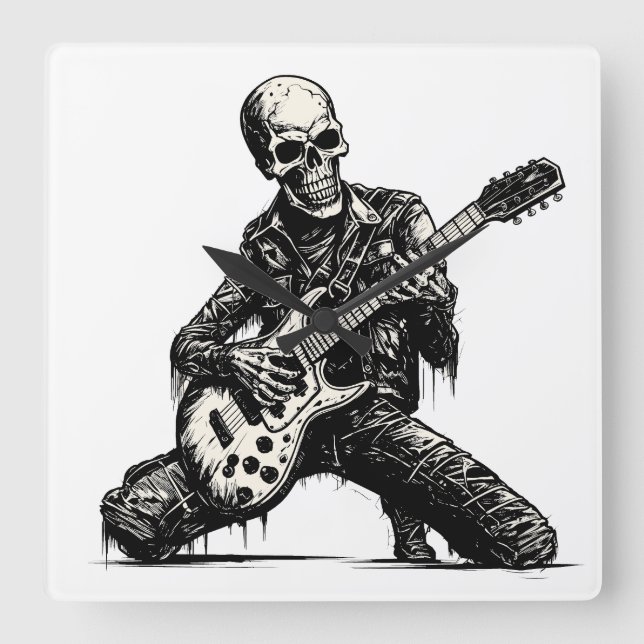  skeleton playing an electric guitar square wall clock (Front)
