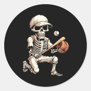 Skeleton Playing Baseball Halloween Skull Lover Classic Round Sticker