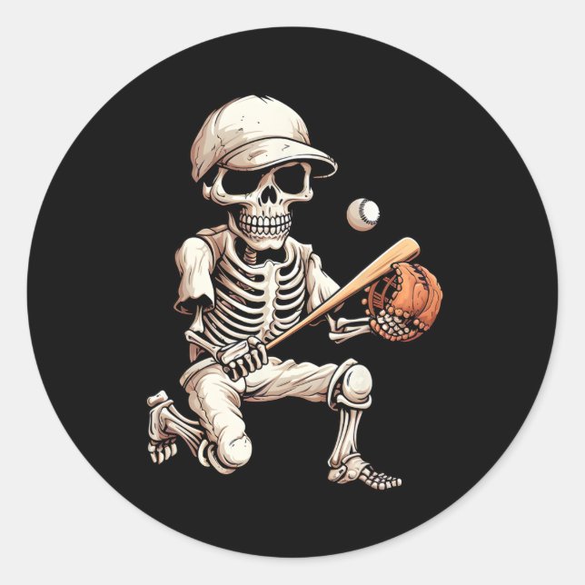 Skeleton Playing Baseball Halloween Skull Lover  Classic Round Sticker (Front)