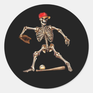 Skeleton Playing Baseball Halloween Vintage Baseba Classic Round Sticker