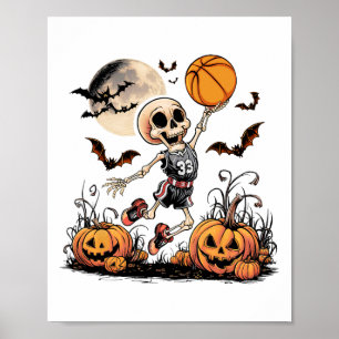 Skeleton Playing Basketball Halloween Men Boys Bas Poster