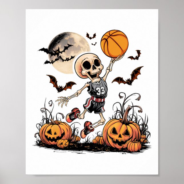 Skeleton Playing Basketball Halloween Men Boys Bas Poster (Front)