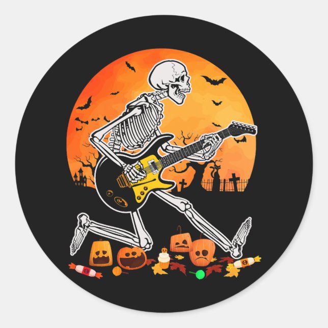 Skeleton Playing Bass Guitar Halloween Electric Ac Classic Round Sticker (Front)