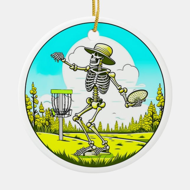 Skeleton Playing Disc Golf  Ceramic Tree Decoration (Front)