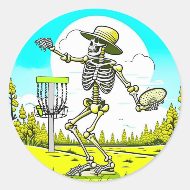Skeleton Playing Disc Golf Classic Round Sticker (Front)