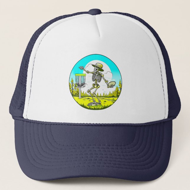 Skeleton Playing Disc Golf Trucker Hat (Front)