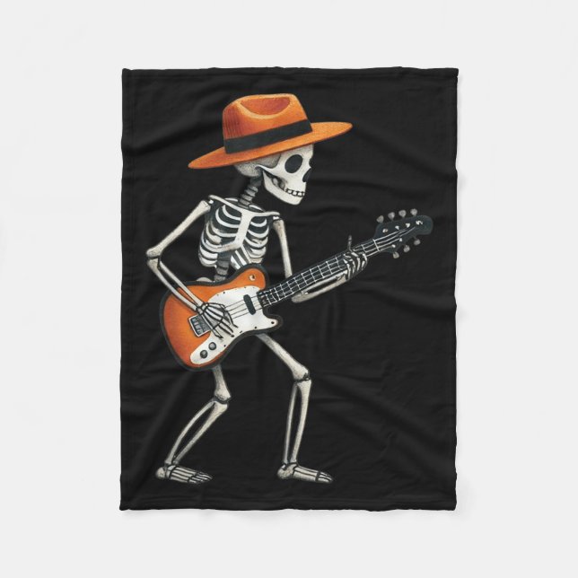 Skeleton Playing Electric Guitar Rock Halloween Bo Fleece Blanket (Front)