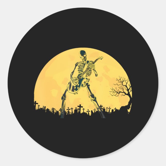 Skeleton Playing Electric Guitar Solo in Moonlit Classic Round Sticker (Front)