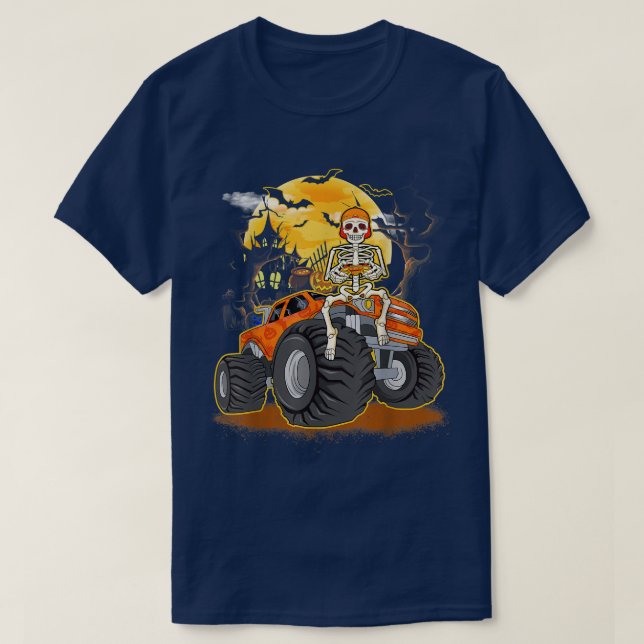 Skeleton Playing Game Funny Monster Truck Hallowee T-Shirt (Design Front)