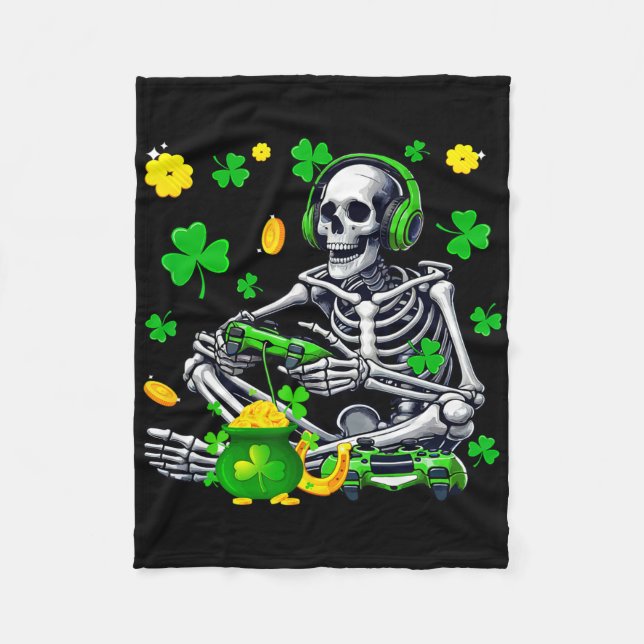 Skeleton Playing Game Gamer St. Patrick's Day Sham Fleece Blanket (Front)