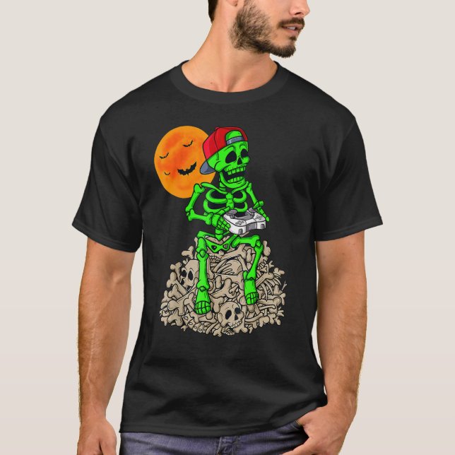 Skeleton Playing Games On Bones Gameboy Skull Pump T-Shirt (Front)