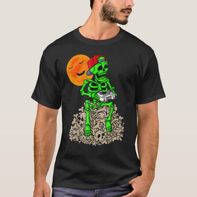 Skeleton Playing Games On Bones Gameboy Skull Pump T-Shirt (Front)