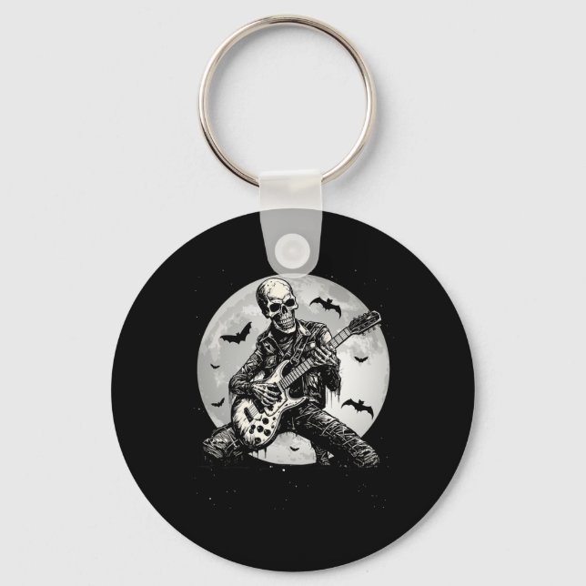 Skeleton Playing Guitar Punk Rock Music Halloween  Key Ring (Front)