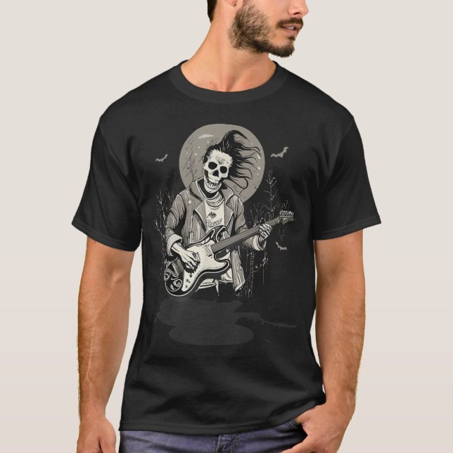 Skeleton Playing Guitar Shadow Rock Halloween T-Shirt (Front)