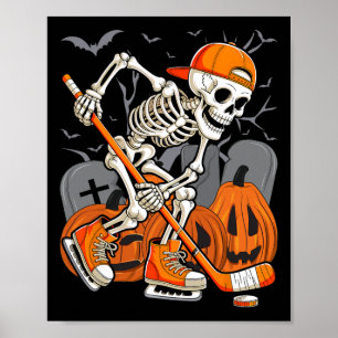 Skeleton Playing Hockey Funny Halloween Men Women Poster