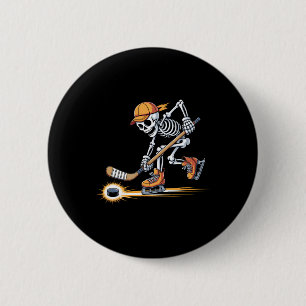 Skeleton Playing Hockey In Skates With Cap And Sti 6 Cm Round Badge