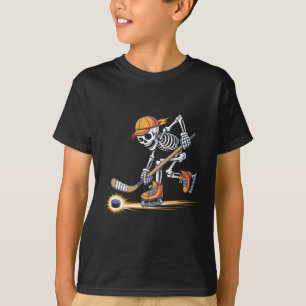 Skeleton Playing Hockey In Skates With Cap And Sti T-Shirt