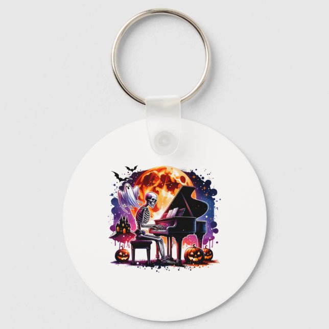 Skeleton Playing Piano With Ghost Creepy Halloween Key Ring (Front)