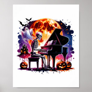 Skeleton Playing Piano With Ghost Creepy Halloween Poster