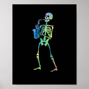 Skeleton playing saxophone jazz halloween music poster