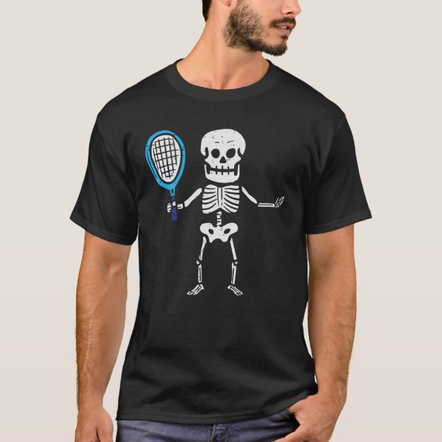 Skeleton Playing Tennis Funny Halloween Costume T-Shirt (Front)