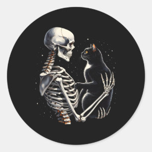 Skeleton Playing With A Cat Graphic Skull Cat Grap Classic Round Sticker