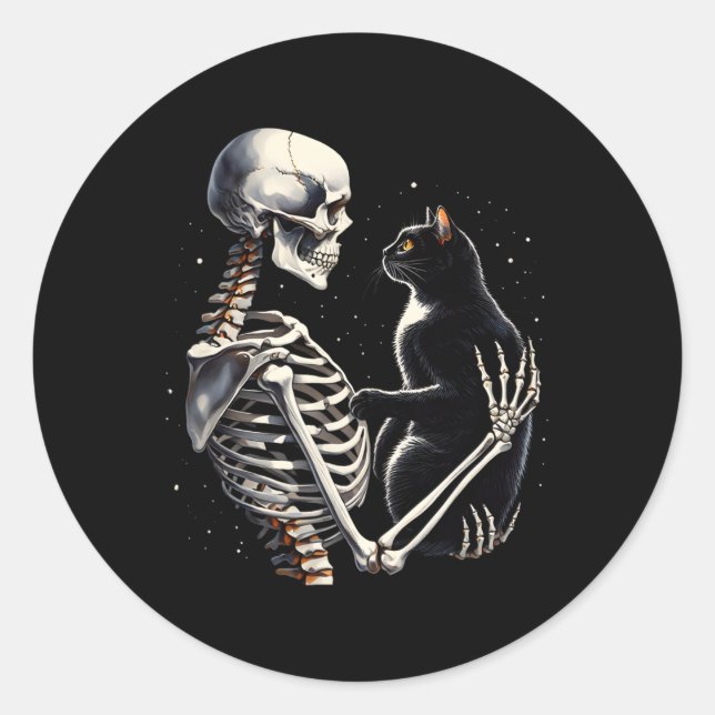 Skeleton Playing With A Cat Graphic Skull Cat Grap Classic Round Sticker (Front)