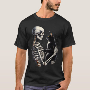 Skeleton Playing With A Cat Graphic Skull Cat Grap T-Shirt