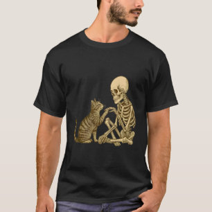 Skeleton Playing with Cat Cute Halloween Men Boys T-Shirt