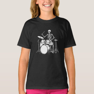 Skeleton plays the drums in rock band T-Shirt