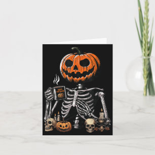 Skeleton Pumpkin Coffee Drinking Funny Halloween Card