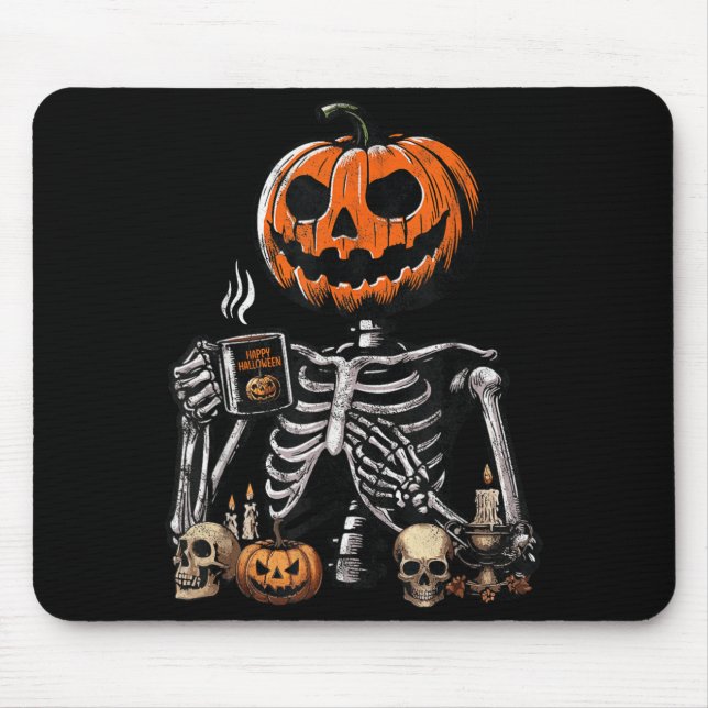 Skeleton Pumpkin Coffee Drinking Funny Halloween Mouse Mat (Front)