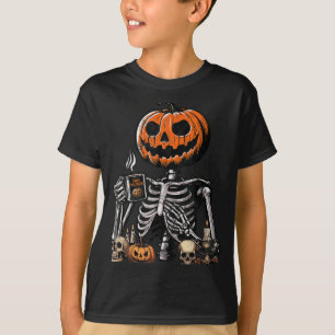 Skeleton Pumpkin Coffee Drinking Funny Halloween T-Shirt