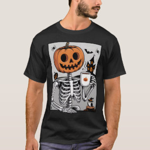 Skeleton Pumpkin Drinking Coffee Men Women Hallowe T-Shirt