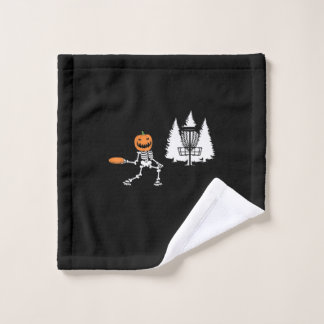 Skeleton Pumpkin Head Disc Golf Player Halloween Wash Cloth