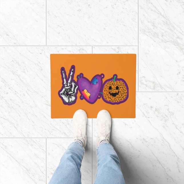 Skeleton Pumpkin Peace Love Halloween Doormat (Indoor)